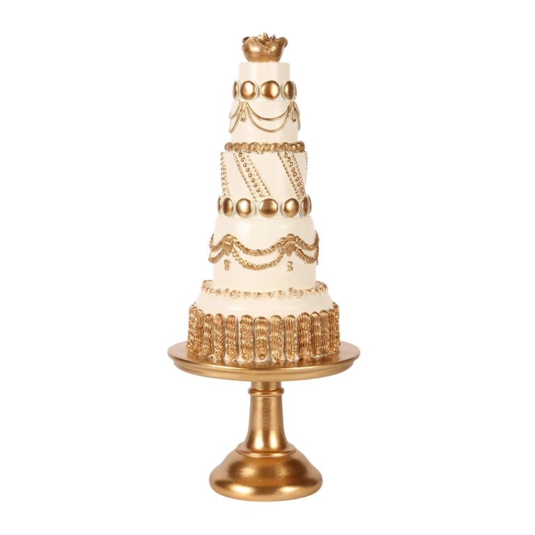Tort dekoracyjny – biały/cream z złotem – 47 cm – żywica artystyczna