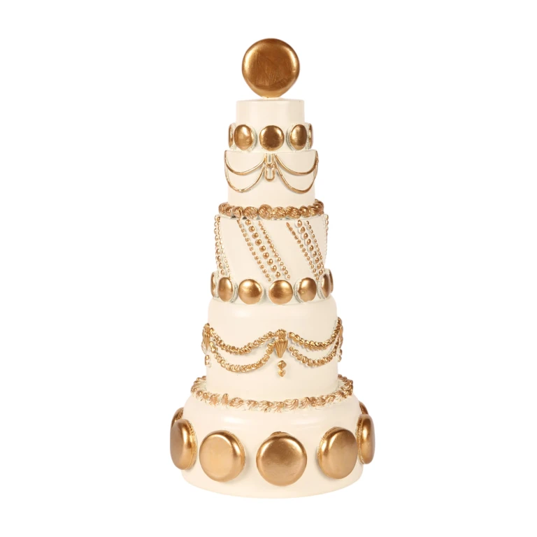 Tort dekoracyjny – biało‑kremowy z złotem – 33,5 cm – żywica sztuczna