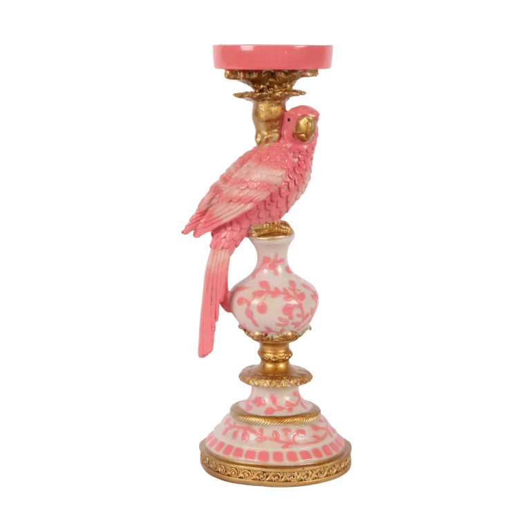Kandelabr Papuga - 32,5 cm - różowy - żywica sztuczna