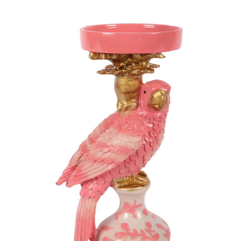 Kandelabr Papuga - 32,5 cm - różowy - żywica sztuczna