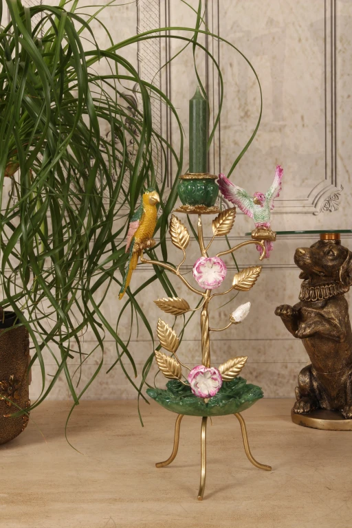 Kandelabr Ptaki - 38,5 cm - zielony - żywica sztuczna