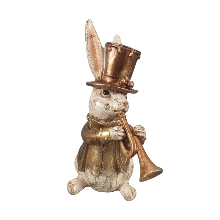 Figurka królika z trąbką - złoto - 17 cm