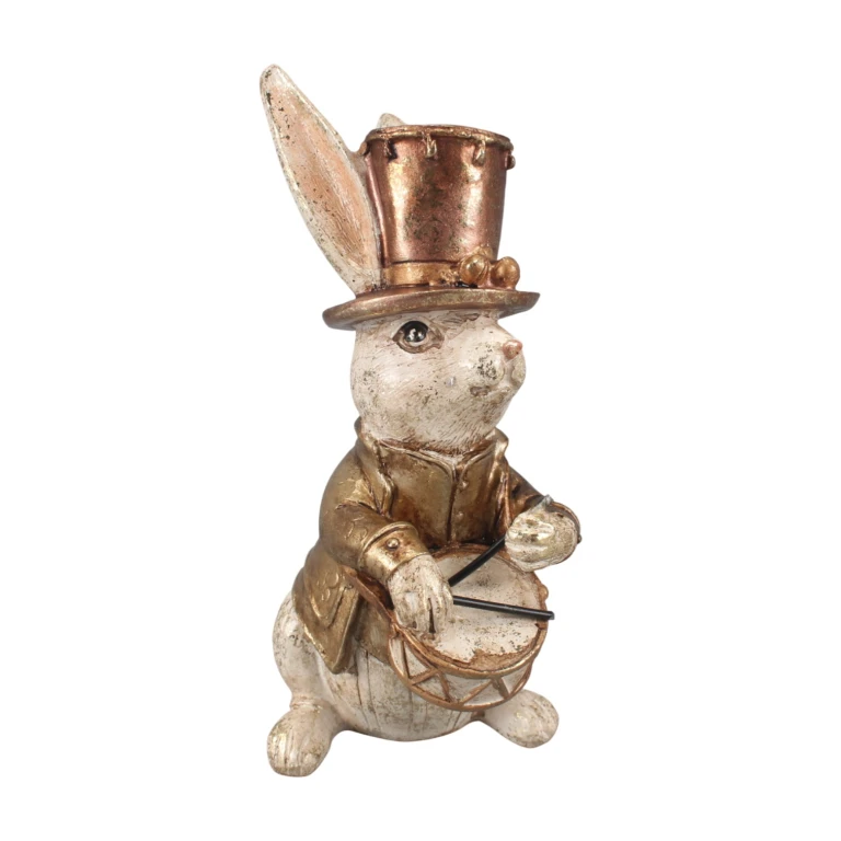 Figurka królika z bębnem - złoto - 16 cm - 1 sztuka
