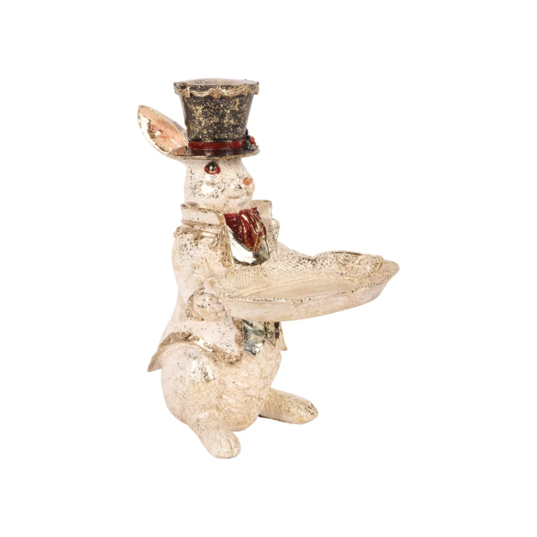Figurka królika z miseczką - biała - 23 cm