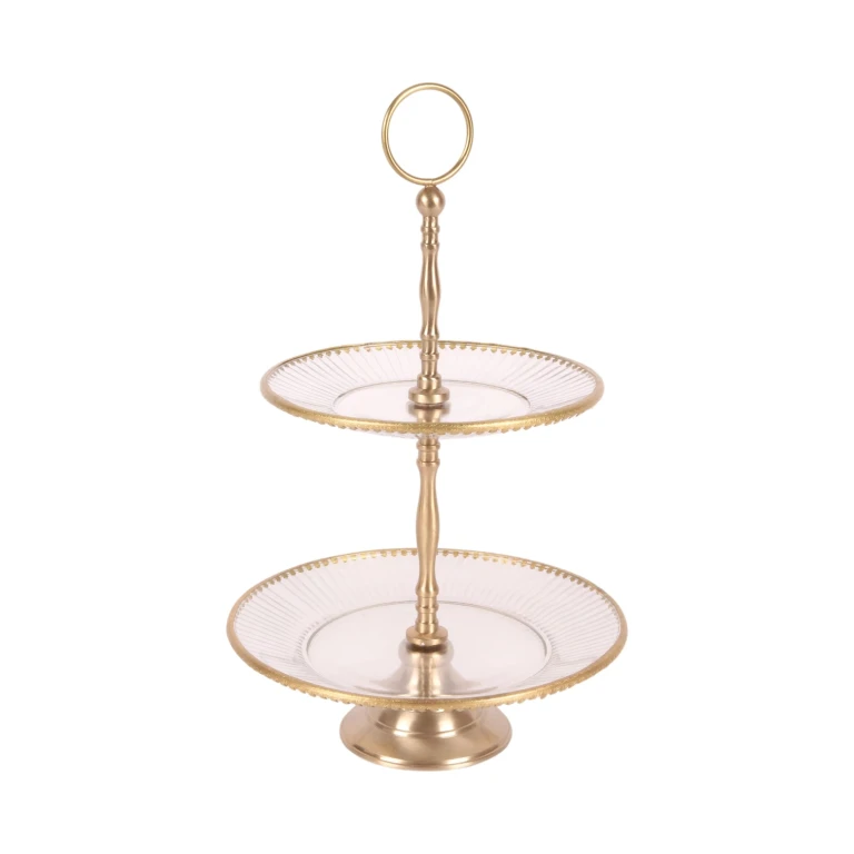 Etagère - 2-poziomowa - 38 cm - złoto - mosiądz i szkło