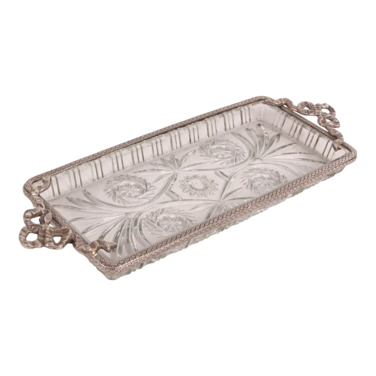 Taca mosiężna i szklana - srebrna - 33 x 16 cm
