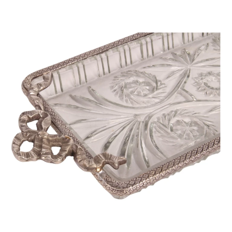 Taca mosiężna i szklana - srebrna - 33 x 16 cm
